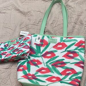 Clinique Green and Red Floral Tote with Pouch